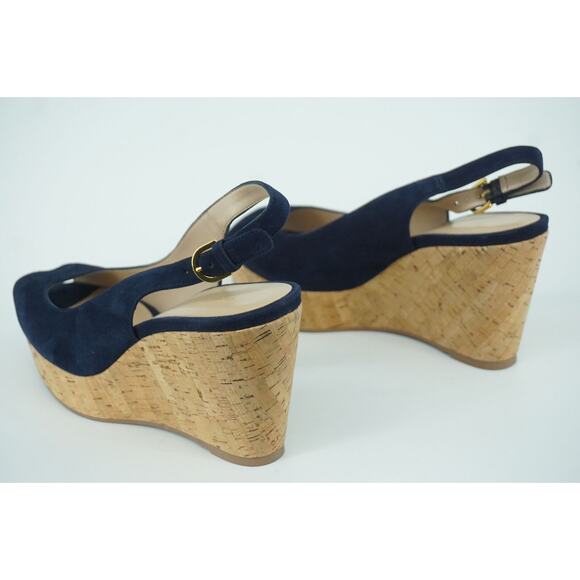 Stuart Weitzman Jean Blue Suede Slingback Cork Wedge Heel Sandal SZ 11 New - Picture 2 of 9